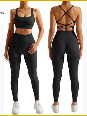 2 Piece Workout Set with Backless Sports Bra and High Waisted Leggings
